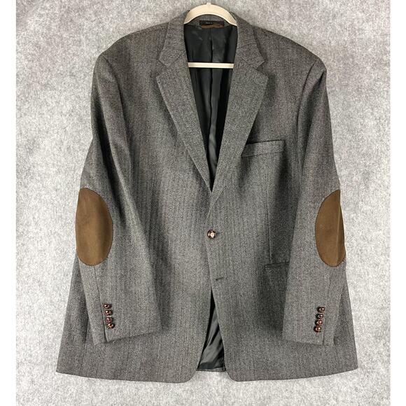 Lauren Ralph Lauren Wool Blazer Sport Coat Men 48R Gray Elbow Patch Herringbone - Picture 1 of 16